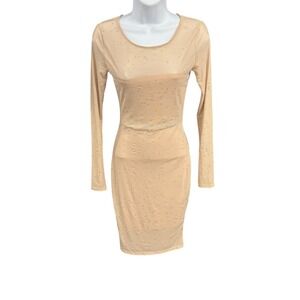 Nude Rhinestone Long Sleeve Small Mesh Mini Dress Bodycon Party Homecoming
